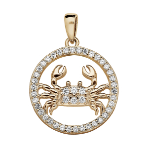 PENDENTIF VERMEIL ZODIAQUE CANCER ROND CONTOUR OXYDES BLANCS SERTIS