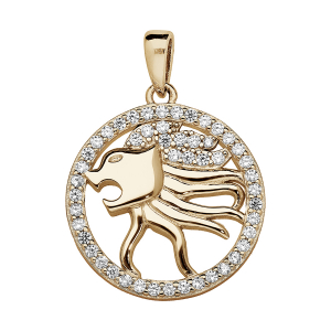 PENDENTIF VERMEIL ZODIAQUE LION ROND CONTOUR OXYDES BLANCS SERTIS