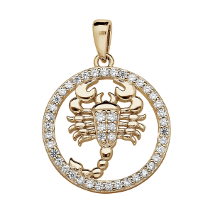 PENDENTIF VERMEIL ZODIAQUE SCORPION ROND CONTOUR OXYDES BLANCS SERTIS