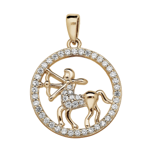 PENDENTIF VERMEIL ZODIAQUE SAGITTAIRE ROND CONTOUR OXYDES BLANCS SERTIS