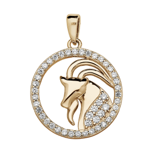 PENDENTIF VERMEIL ZODIAQUE CAPRICORNE ROND CONTOUR OXYDES BLANCS SERTIS