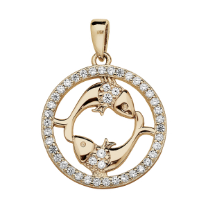 PENDENTIF VERMEIL ZODIAQUE POISSON ROND CONTOUR OXYDES BLANCS SERTIS