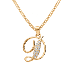 COLLIER VERMEIL PENDENTIF INITIALE  D  OXYDES BLANCS SERTIS 42+3CM