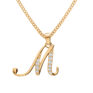 COLLIER VERMEIL PENDENTIF INITIALE  M  OXYDES BLANCS SERTIS 42+3CM