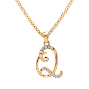 COLLIER VERMEIL PENDENTIF INITIALE  Q  OXYDES BLANCS SERTIS 42+3CM