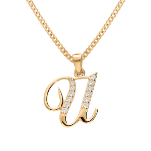 COLLIER  VERMEIL PENDENTIF INITIALE  U  OXYDES BLANCS SERTIS 42+3CM