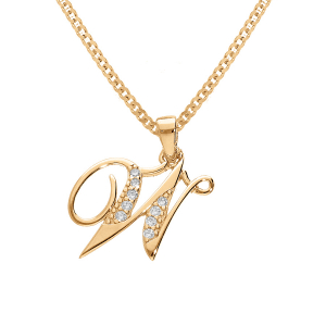 COLLIER VERMEIL PENDENTIF INITIALE  W  OXYDES BLANCS SERTIS 42+3CM