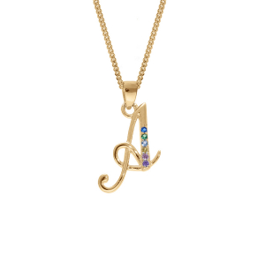 COLLIER VERMEIL PENDENTIF INITIALE A OXYDES MULTI COULEURS SERTIS 42+3CM