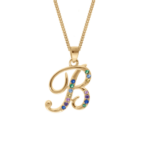 COLLIER VERMEIL PENDENTIF INITIALE B OXYDES MULTI COULEURS SERTIS 42+3CM