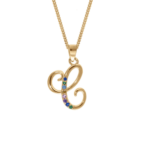 COLLIER VERMEIL PENDENTIF INITIALE C  OXYDES MULTI COULEURS SERTIS 42+3CM