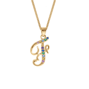 COLLIER VERMEIL PENDENTIF INITIALE  F  OXYDES MULTI COULEURS SERTIS 42+3CM