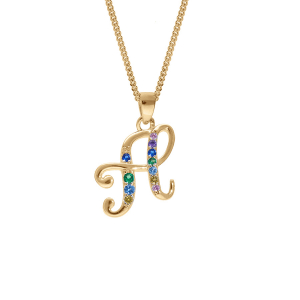 COLLIER  VERMEIL PENDENTIF INITIALE  H  OXYDES MULTI COULEURS SERTIS 42+3CM