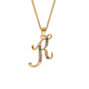 COLLIER VERMEIL PENDENTIF INITIALE  K  OXYDES MULTI COULEURS SERTIS 42+3CM
