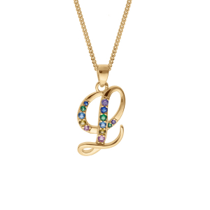 COLLIER VERMEIL PENDENTIF INITIALE  L  OXYDES MULTI COULEURS SERTIS 42+3CM