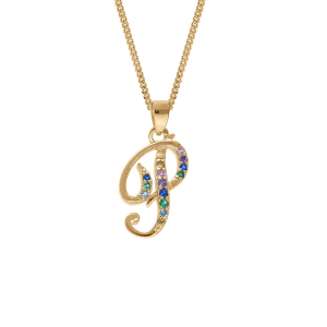 COLLIER VERMEIL PENDENTIF INITIALE  P  OXYDES MULTI COULEURS SERTIS 42+3CM