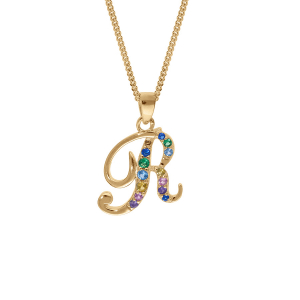 COLLIER VERMEIL PENDENTIF INITIALE  R  OXYDES MULTI COULEURS SERTIS 42+3CM