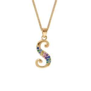 COLLIER VERMEIL PENDENTIF INITIALE  S  OXYDES MULTI COULEURS SERTIS 42+3CM