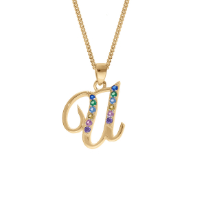 COLLIER  VERMEIL PENDENTIF INITIALE  U  OXYDES MULTI COULEURS SERTIS 42+3CM