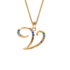 COLLIER VERMEIL PENDENTIF INITIALE  V  OXYDES MULTI COULEURS SERTIS 42+3CM