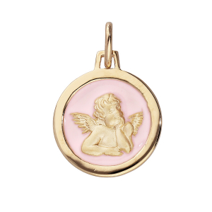 PENDENTIF VERMEIL OVALE ANGE SUR FOND RÉSINE ROSE PALE