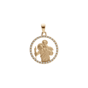 PENDENTIF VERMEIL PLATINE ROND 18MM ST CHRISTOPHE CONTOUR OXYDES BLANCS SERTIS