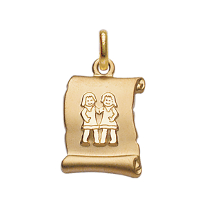 PENDENTIF ZODIAQUE PARCHEMIN GEMEAUX  PLAQUÉ OR BRILLANT FOND SABLE