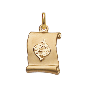 PENDENTIF ZODIAQUE PARCHEMIN POISSON  PLAQUÉ OR BRILLANT FOND SABLE