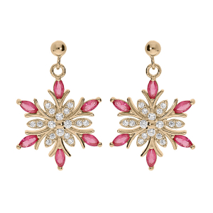 BOUCLES D'OREILLES TIGE PLAQUÉ OR FLOCON DE NEIGE OXYDES BLANCS ET ROSES