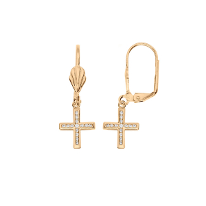 BOUCLES D'OREILLES DORMEUSE  PLAQUÉ OR CROIX OXYDES BLANCS SERTIS