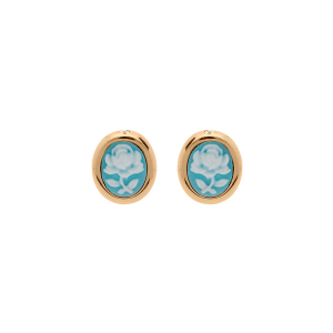 BOUCLES D'OREILLES TIGE PLAQUÉ OR STYLE CAMÉE MOTIF FLEUR RÉSINE BLEUE