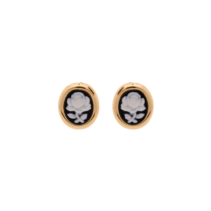 BOUCLES D'OREILLES TIGE PLAQUÉ OR STYLE CAMÉE MOTIF FLEUR RÉSINE NOIRE