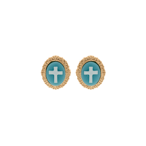 BOUCLES D'OREILLES TIGE PLAQUÉ OR STYLE CAMÉE MOTIF CROIX RÉSINE BLEUE