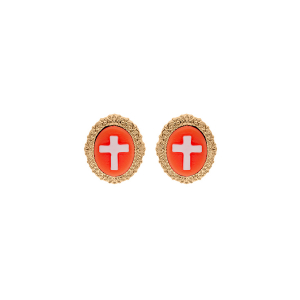 BOUCLES D'OREILLES TIGE PLAQUÉ OR STYLE CAMÉE MOTIF CROIX RÉSINE ROSE