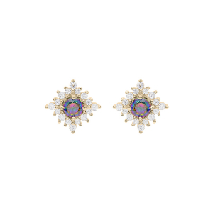 BOUCLES D'OREILLES TIGE PLAQUÉ OR OXYDE ARC EN CIEL MYSTIQUE ET OXYDES BLANCS SERTIS