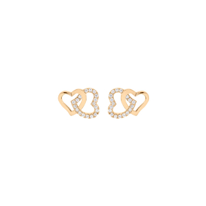 BOUCLES D'OREILLES TIGE PLAQUÉ OR DOUBLE COEUR ENTRELACÉ OXYDES BLANCS SERTIS