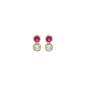 BOUCLES D'OREILLES TIGE PLAQUÉ OR 2 OXYDES ROUGE ET BLANC SERTIS CLOS