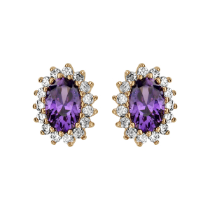 BOUCLES D'OREILLES TIGE PLAQUÉ OR FORME OVALE OXYDE VIOLET ET CONTOUR OXYDES BLANCS SERTIS