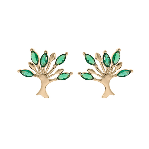 BOUCLES D'OREILLES TIGE PLAQUÉ OR ARBRE DE VIE OXYDES VERTS