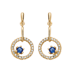 BOUCLES D'OREILLES TIGE PLAQUÉ OR PENDANTE RONDE 1 VERRE BLEU FONCÉ CONTOUR OXYDES BLANCS SERTIS