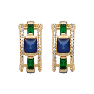 BOUCLES D'OREILLES TIGE PLAQUÉ OR DEMI CRÉOLES GEOMETRIQUE VERRE BLEU FONCÉ ET VERT CONTOUR OXYDES BLANCS SERTIS