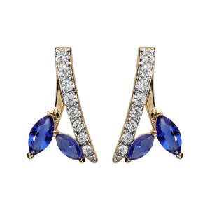 BOUCLES D'OREILLES TIGE PLAQUÉ OR FEUILLAGE BLEU FONCÉ ET OXYDES BLANCS SERTIS