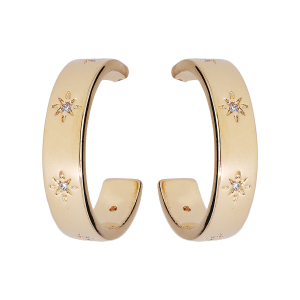 BOUCLES D'OREILLES TIGE PLAQUÉ OR CREOLES MOTIF ETOILES OXYDES BLANCS