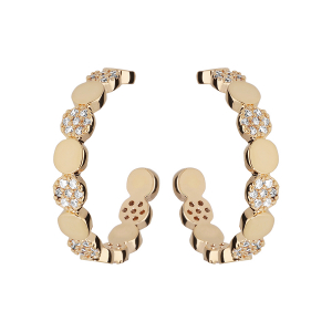 BOUCLES D'OREILLES TIGE PLAQUÉ OR CRÉOLES PASTILLES ALTERNEES LISSSES ET OXYDES BLANCS SERTIS