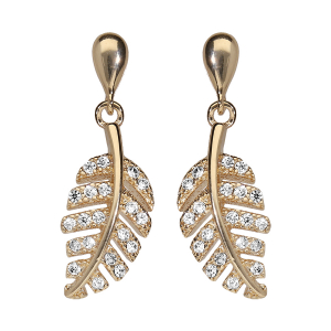 BOUCLES D'OREILLES TIGE PLAQUÉ OR PENDANT FEUILLAGE OXYDES BLANCS SERTIS