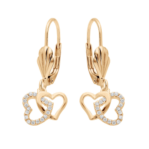 BOUCLES D'OREILLES DORMEUSE PLAQUÉ OR DOUBLE COEUR ENTRELACÉ OXYDES BLANCS SERTIS