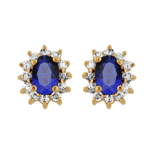 BOUCLES D'OREILLES TIGE PLAQUÉ OR PIERRE CENTRALE BLEU FONCE ENTOURAGE PIERRES BLANCHES 7.5MM X 9.5MM