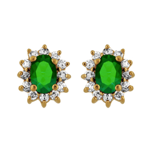 BOUCLES D'OREILLES TIGE PLAQUÉ OR PIERRE CENTRALE VERTE ENTOURAGE PIERRES BLANCHES  7.5MM X 9.5MM