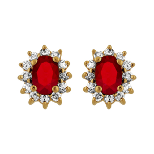 BOUCLES D'OREILLES TIGE PLAQUÉ OR PIERRE CENTRALE ROUGE ENTOURAGE PIERRES BLANCHES 7.5MM X 9.5MM