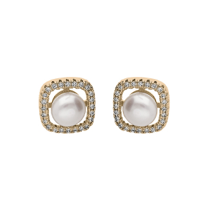 BOUCLES D'OREILLES TIGE PLAQUÉ OR CARRÉ OXYDES BLANCS AVEC PERLE DE CULTURE D'EAU DOUCE BLANCHE
