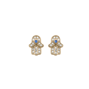 BOUCLES D'OREILLES TIGE PLAQUÉ OR MAIN DE FATMA OXYDES BLANCS ET BLEU